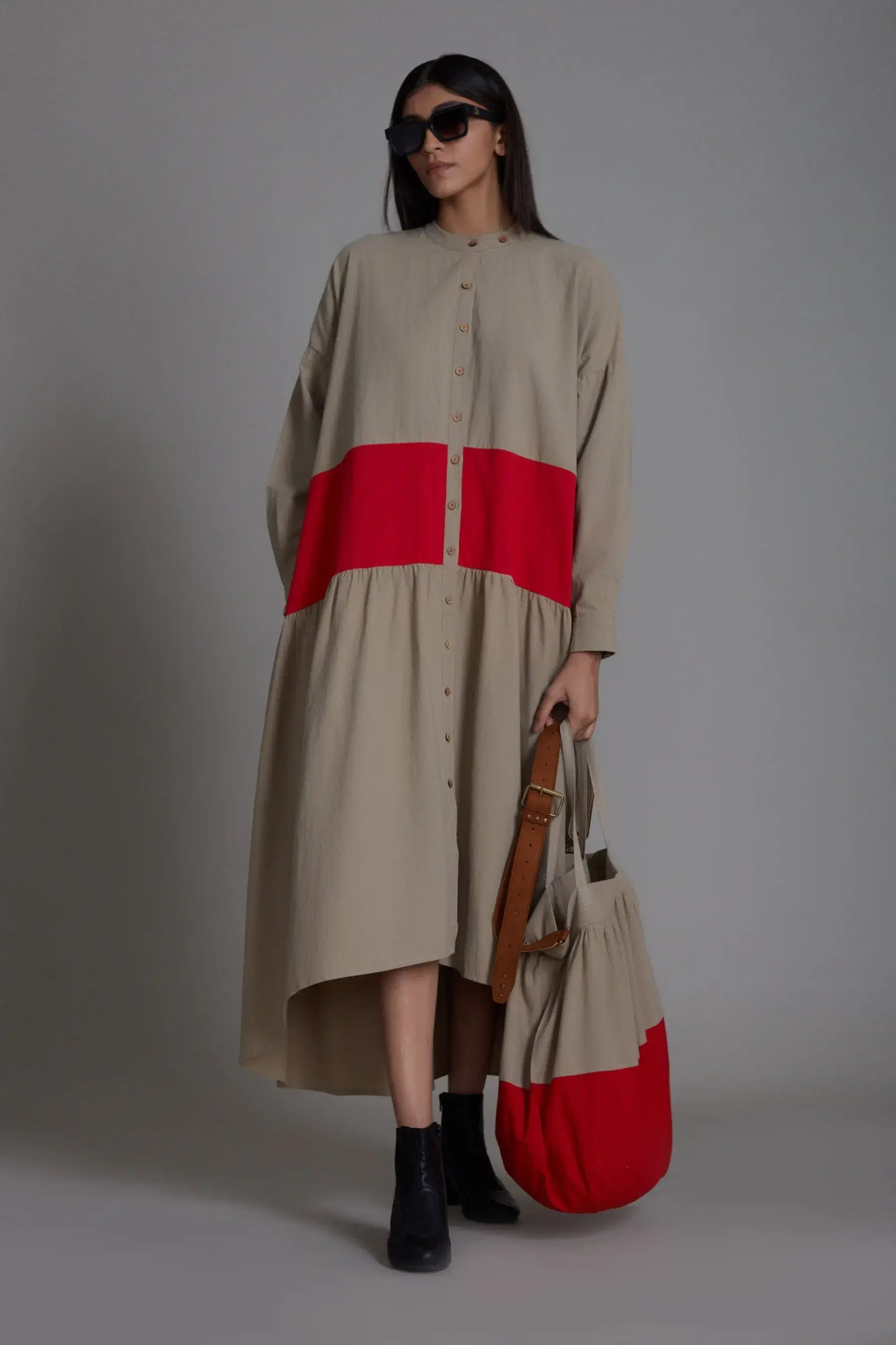 Band Dress - Beige & Red