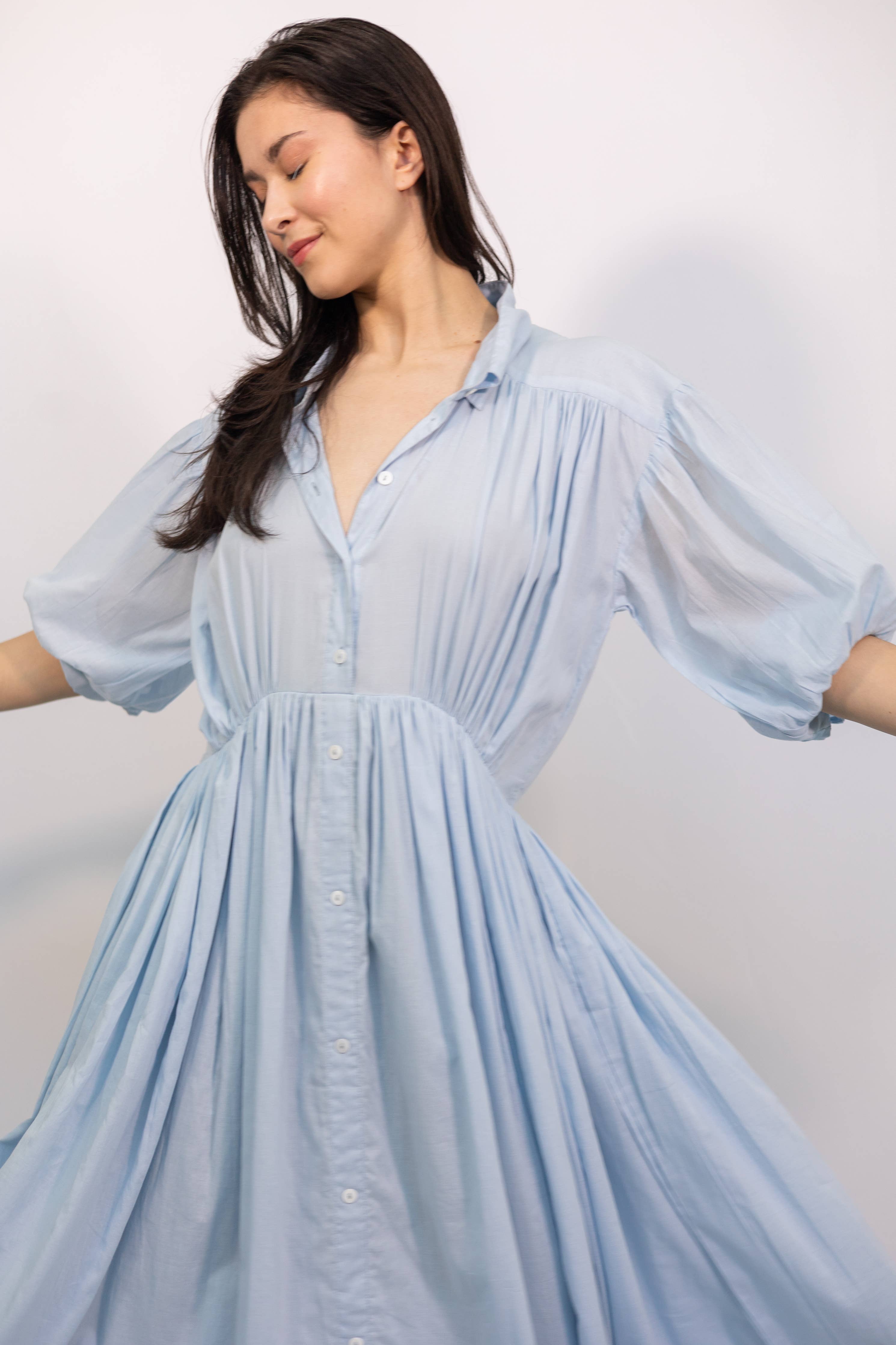 Gathered Shirtdress- sky blue