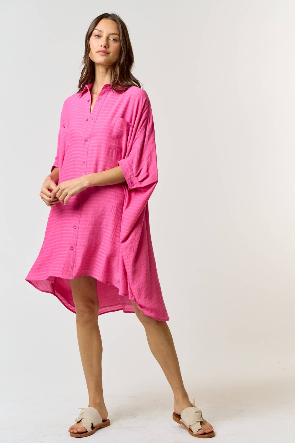 Fuschia Button down shirt dress