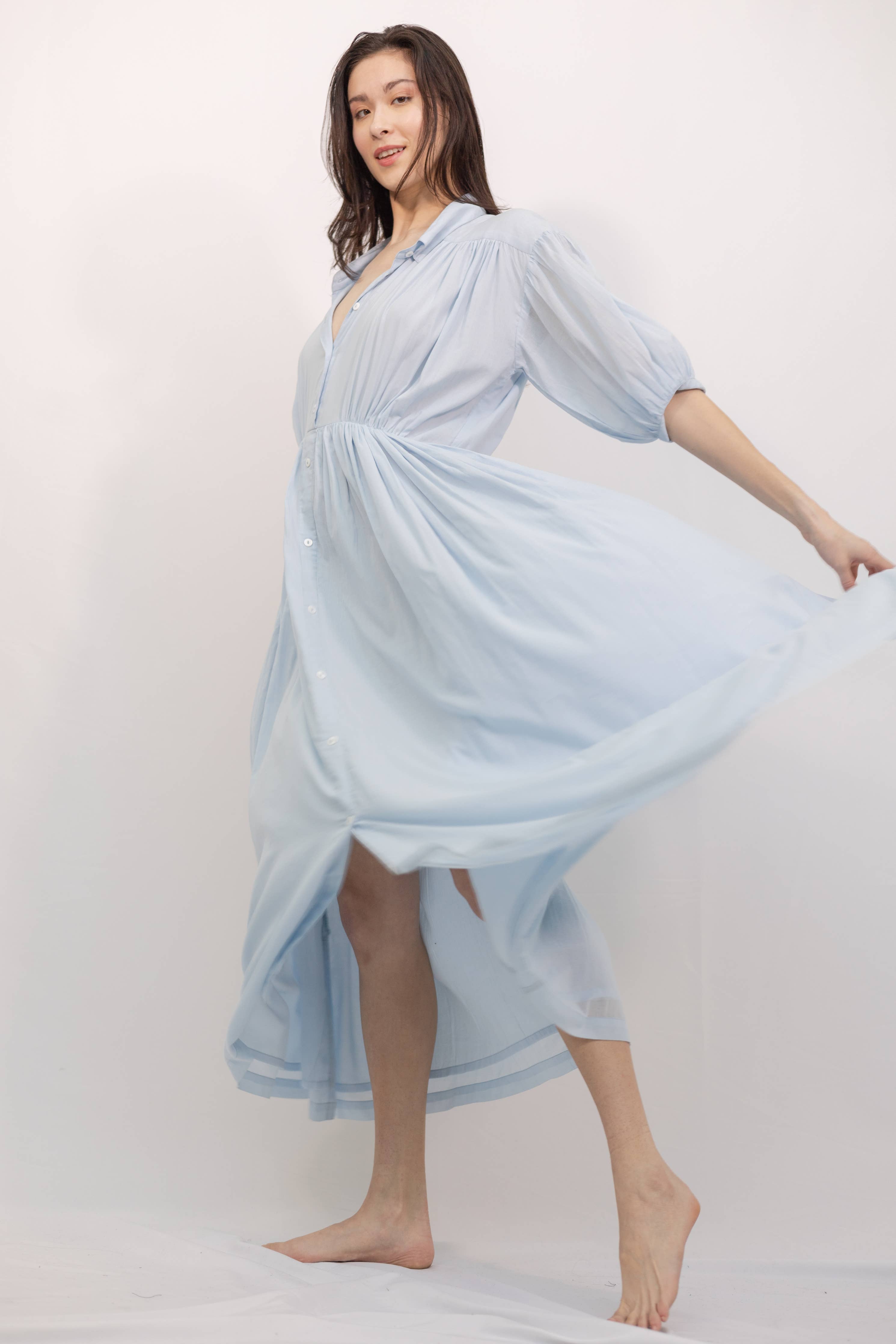 Gathered Shirtdress- sky blue