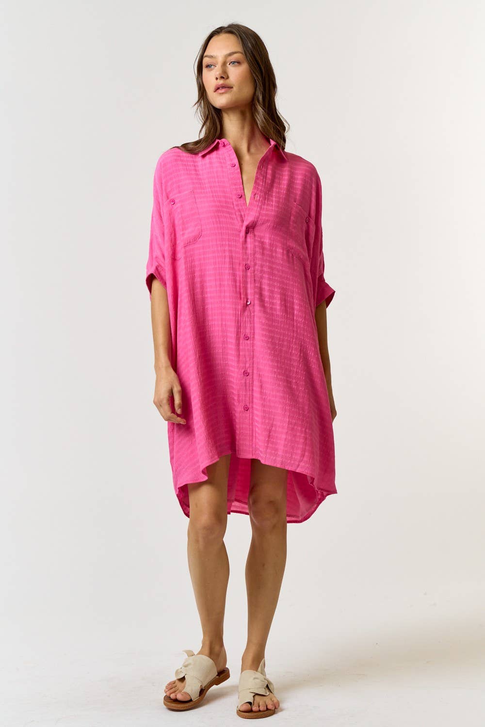 Fuschia Button down shirt dress