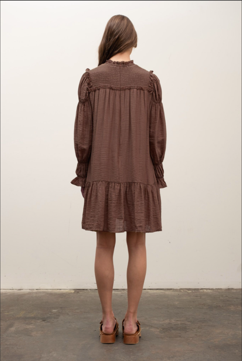 Smocked Ruffle Dress - Brown